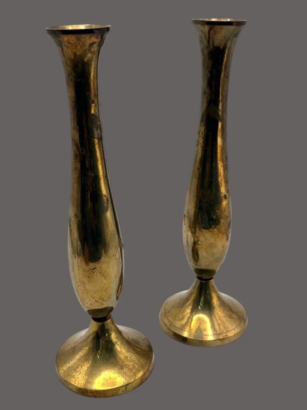 Vintage India Brass Bud Vases Pair Tall Trumpet Boho Decor 8.5